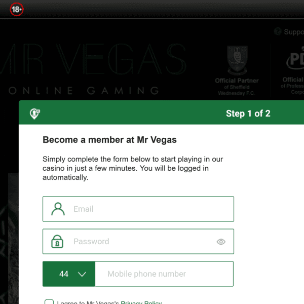 Mr Vegas Registration Step 1